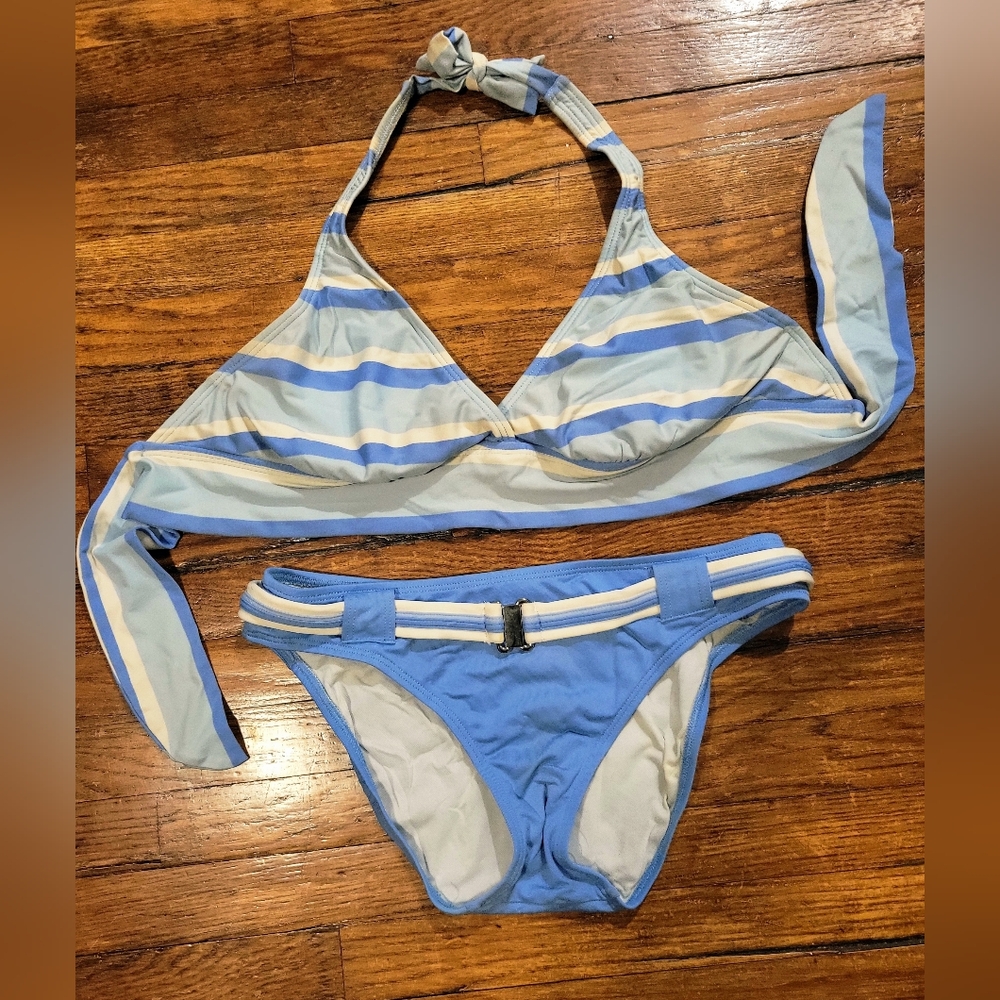 Striped Light Blue Halter Bikini Set - Women's Swim